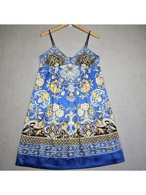 I.C.E Babydoll Dress Women 12 Blue Gold Floral Sleeveless Cruise Money Bold Y2K